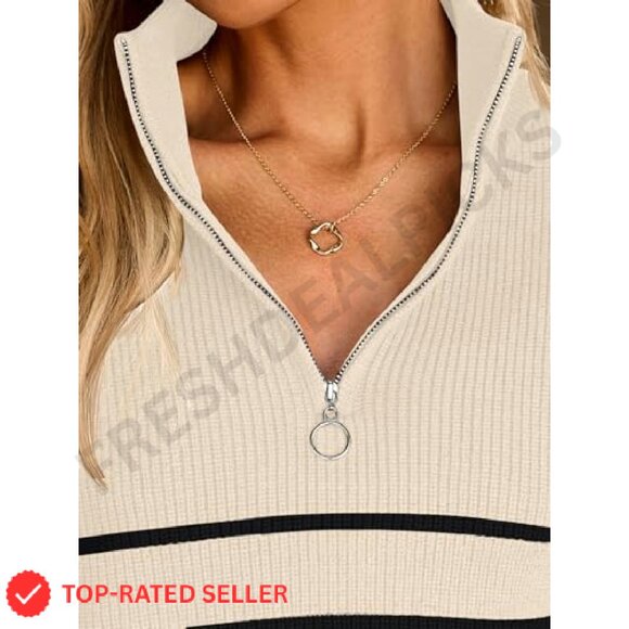 Quarter Zip Oversized Sweater Striped Mock Turtleneck Fall Winter Pullover - Picture 6 of 8